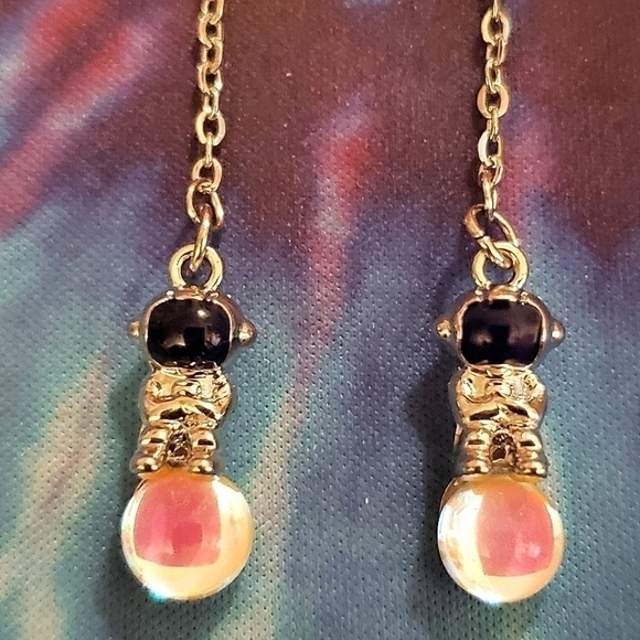 Hand Crafted Jewelry - Handmade Iridescent Moon Space Astronaut Chain Dangle Earrings